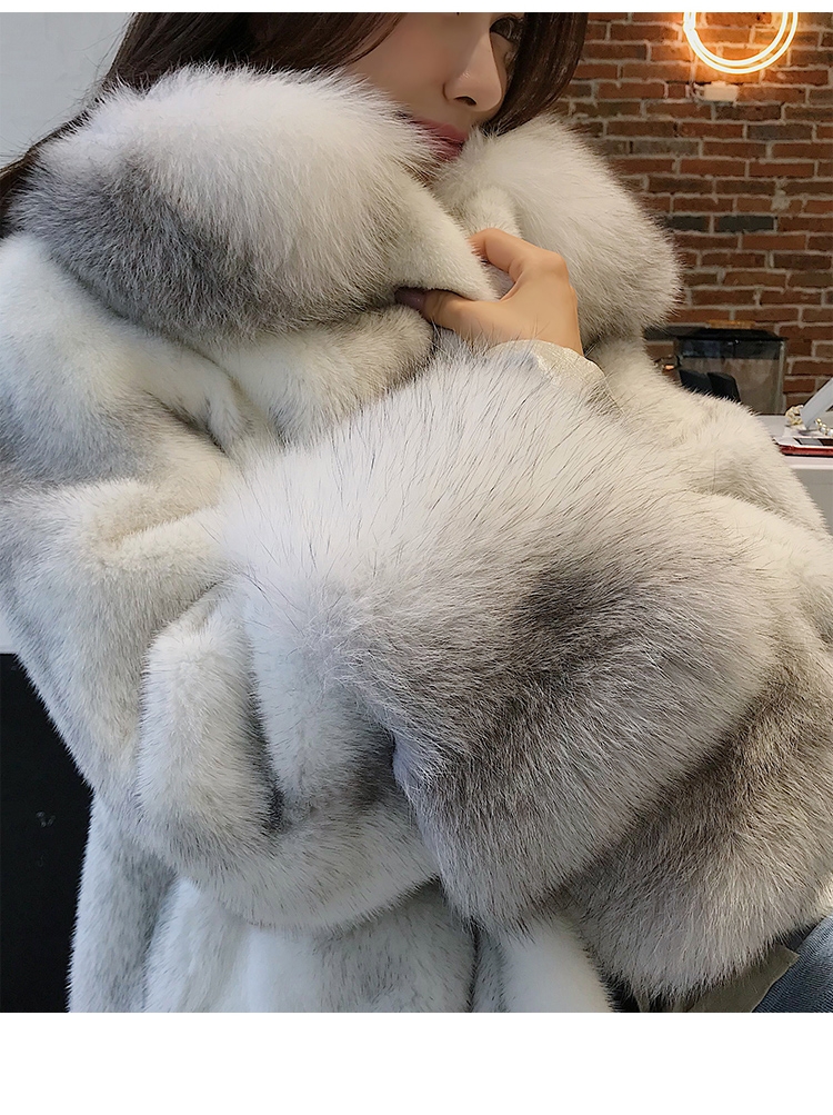Silver Cross Mink Fur Coat with Shadow Blue Frost Fox Fur Trim 0038-4