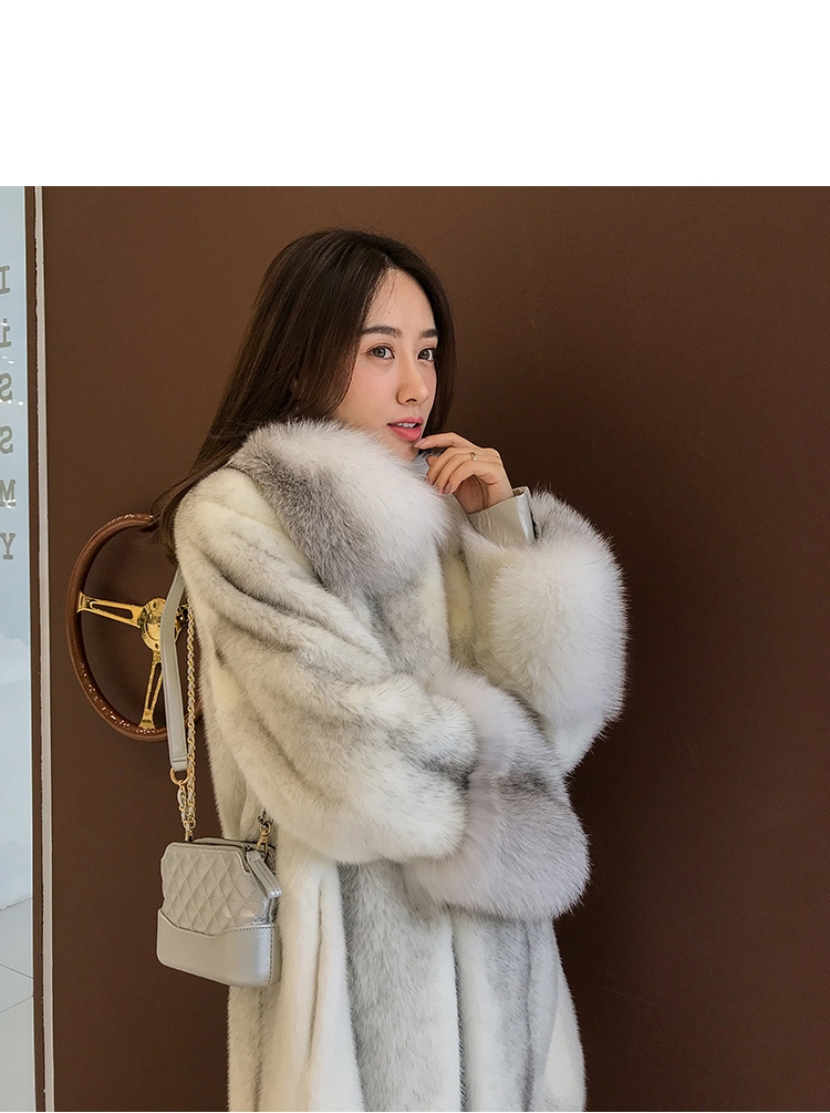 Silver Cross Mink Fur Coat with Shadow Blue Frost Fox Fur Trim 0038-8