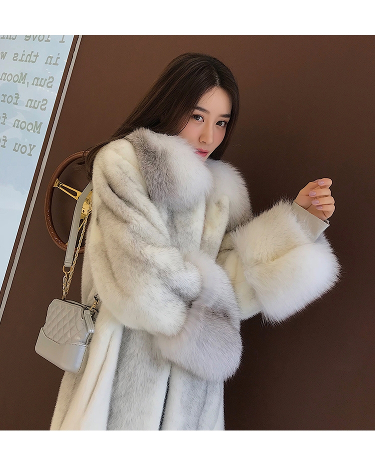 Silver Cross Mink Fur Coat with Shadow Blue Frost Fox Fur Trim 0038-2