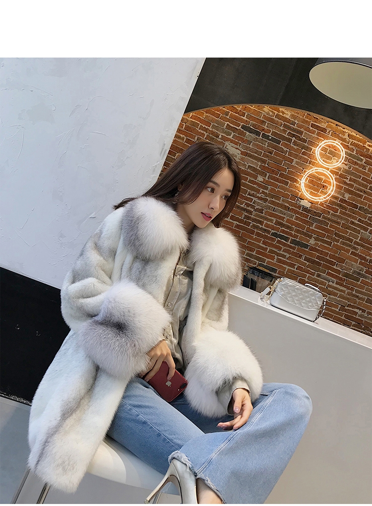 Silver Cross Mink Fur Coat with Shadow Blue Frost Fox Fur Trim 0038-3