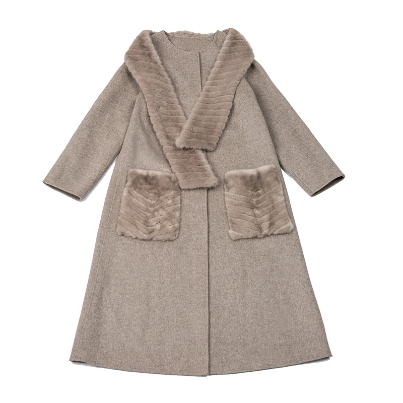 Mink Fur Trimmed Cashmere Long Coat with Removable Fur Scarf 337-5