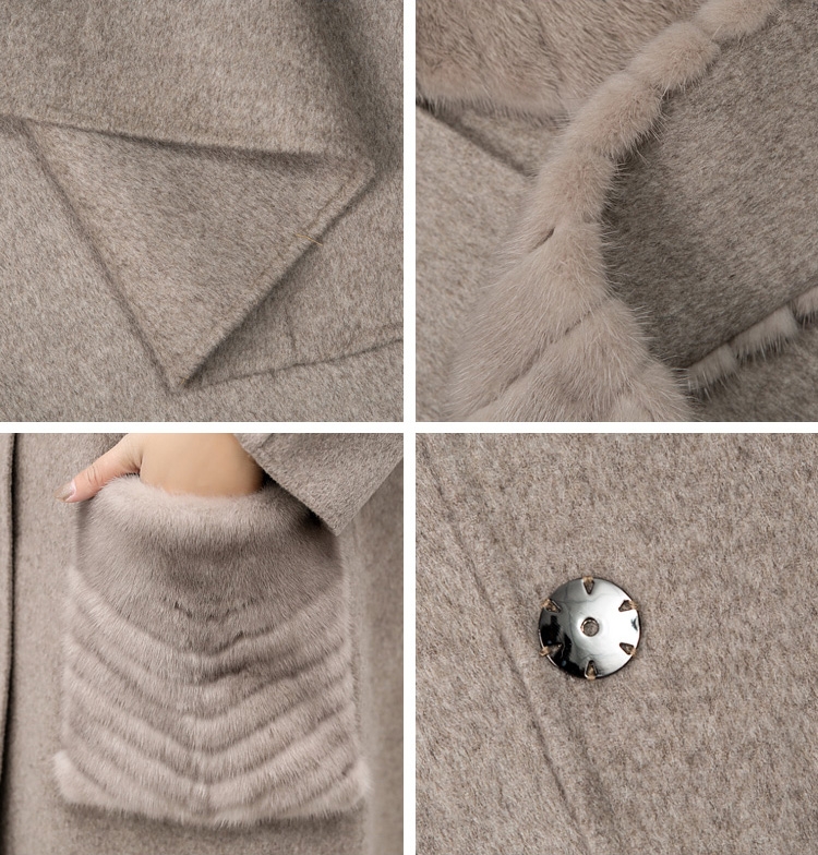 Mink Fur Trimmed Cashmere Long Coat with Removable Fur Scarf 337-3