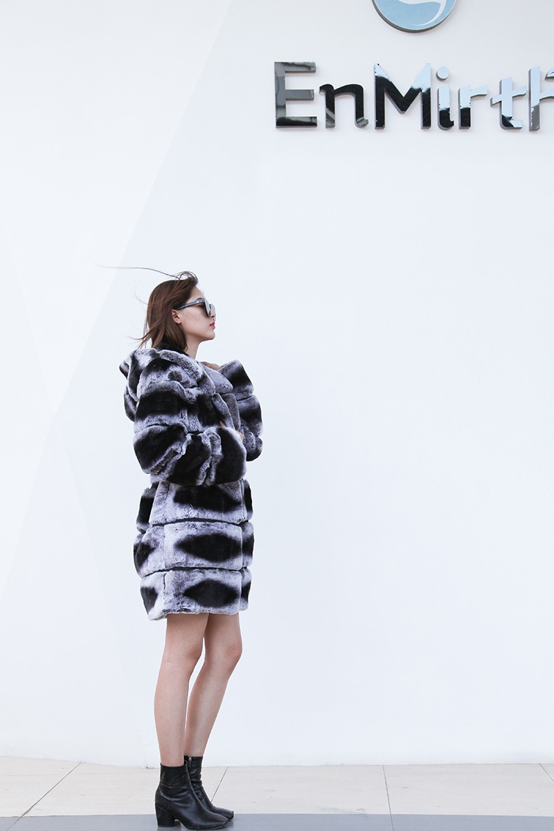 Hooded Rex Rabbit Fur Coat with Chinchilla Look 255 Details 3