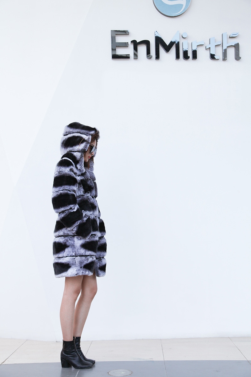 Hooded Rex Rabbit Fur Coat with Chinchilla Look 255 Details 2