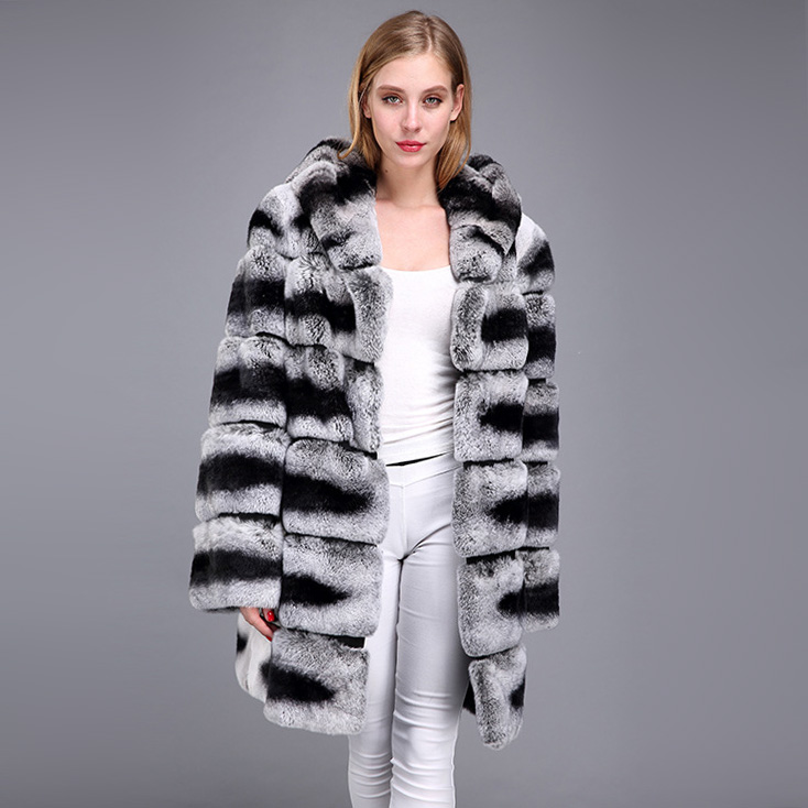 Hooded Rex Rabbit Fur Coat with Chinchilla Look 952 Details 7