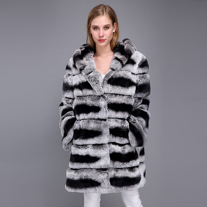 Hooded Rex Rabbit Fur Coat with Chinchilla Look 952 Details 5