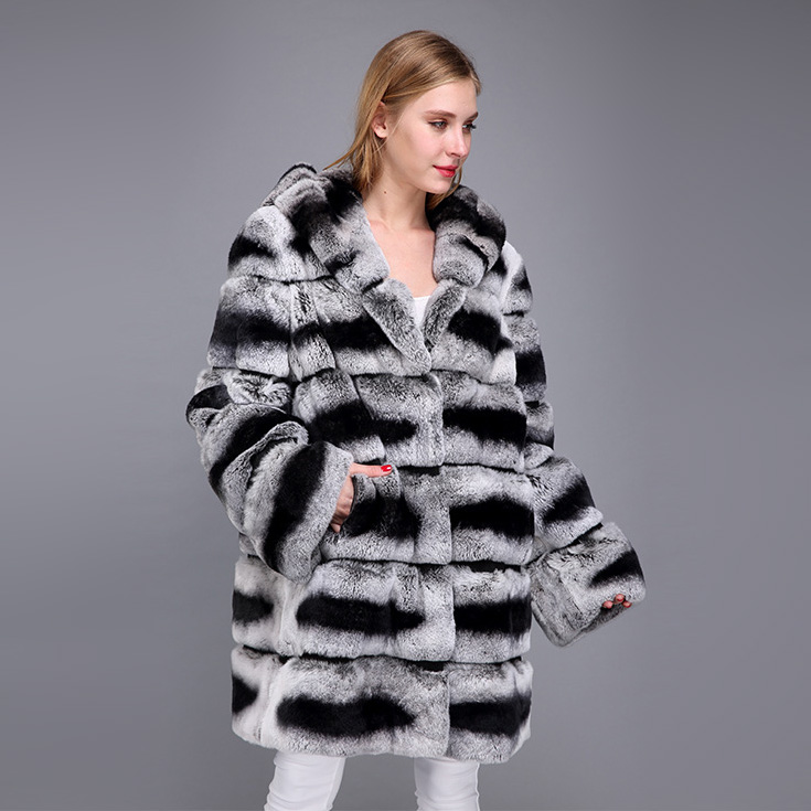 Hooded Rex Rabbit Fur Coat with Chinchilla Look 952 Details 6