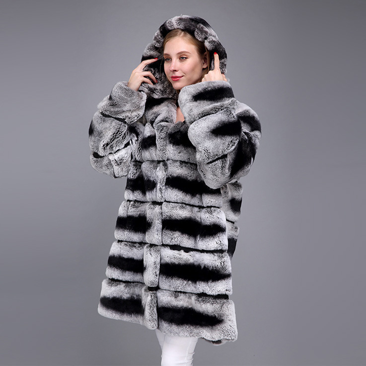 Hooded Rex Rabbit Fur Coat with Chinchilla Look 952 Details 1