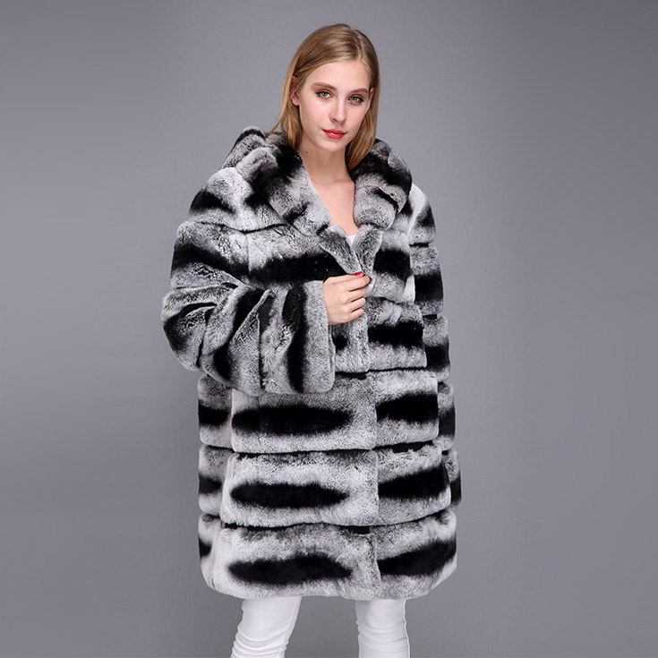 Hooded Rex Rabbit Fur Coat with Chinchilla Look 952 Details 4
