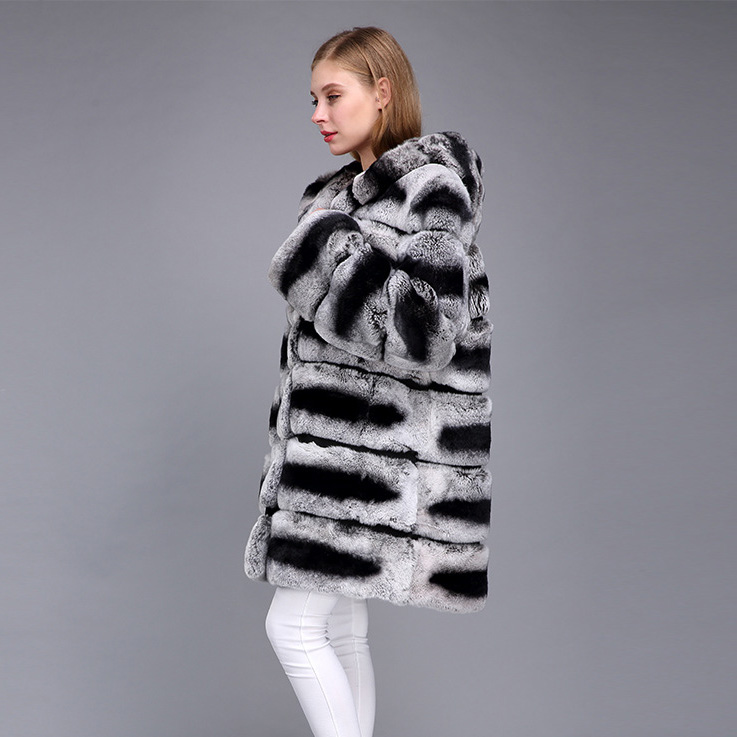 Hooded Rex Rabbit Fur Coat with Chinchilla Look 952 Details 2