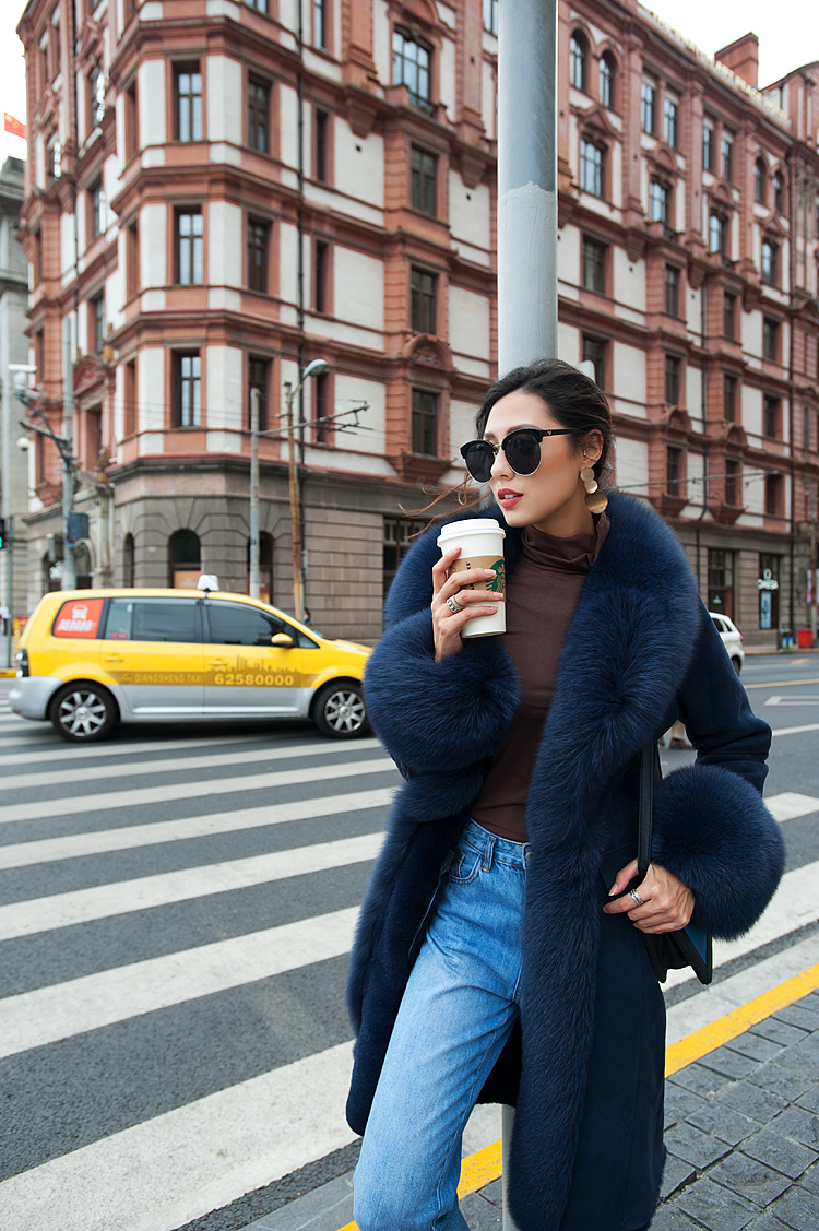 Shearling Sheepskin Coat with Fox Fur Trim 100 Details 9