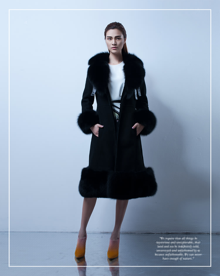 Belted Shearling Sheepskin Coat with Fox Fur Trim 101 Details 5