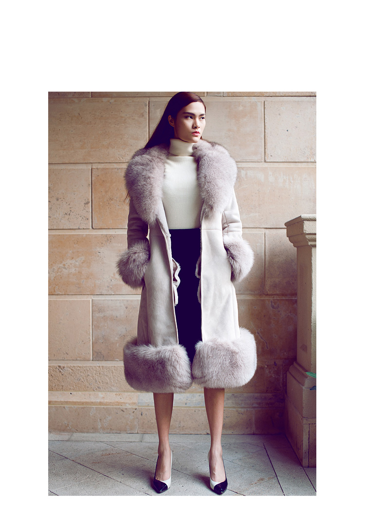 Belted Shearling Sheepskin Coat with Fox Fur Trim 101 Details 4