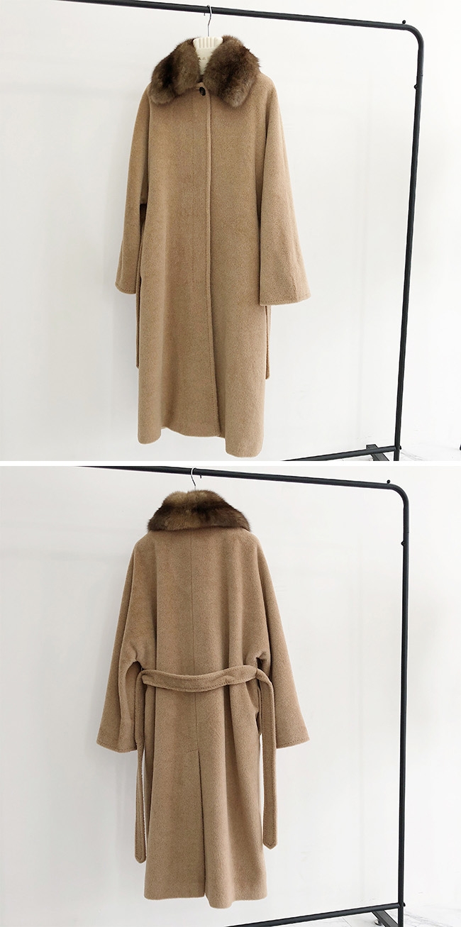 Belted Long Woolen Coat with Sable Fur Trimmed Collar 0057-4