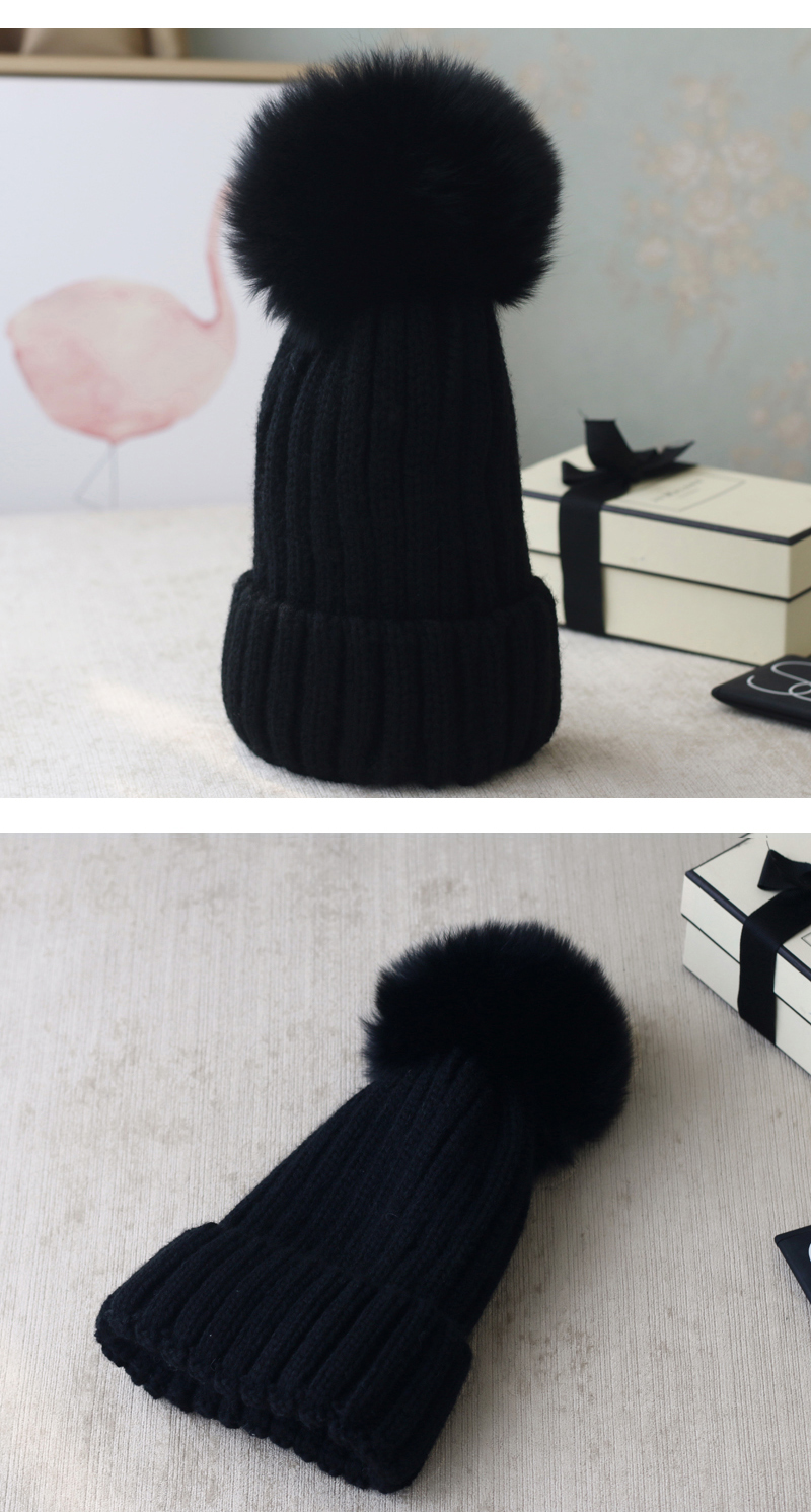 Wool Knitting Beanie Hat with Fox Fur Pompom 867 Details 1