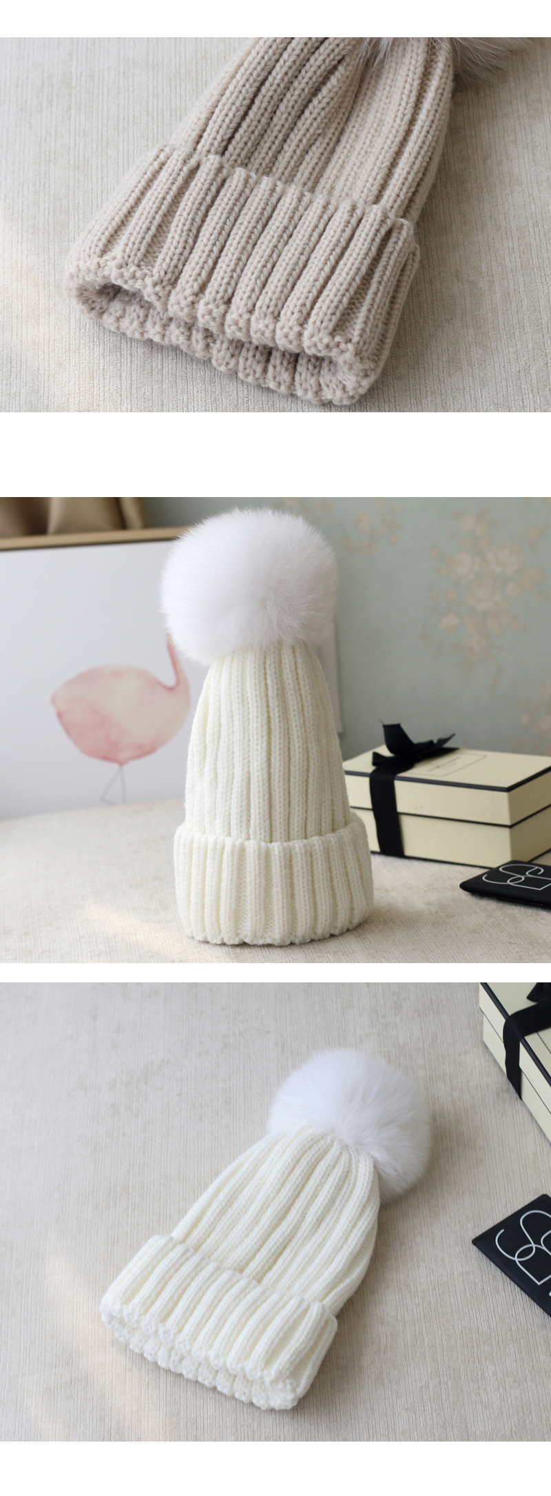 Wool Knitting Beanie Hat with Fox Fur Pompom 867 Details 7