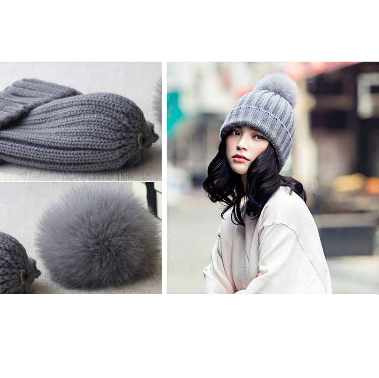 Wool Knitting Beanie Hat with Fox Fur Pompom 867 Details 5