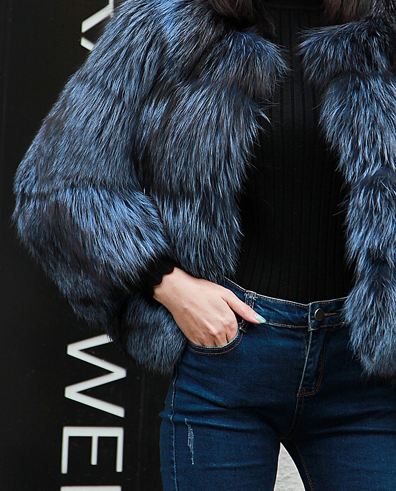 Cropped Silver Fox Fur Jacket in Blue 0005-10