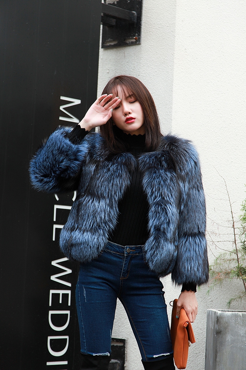 Cropped Silver Fox Fur Jacket in Blue 0005-11