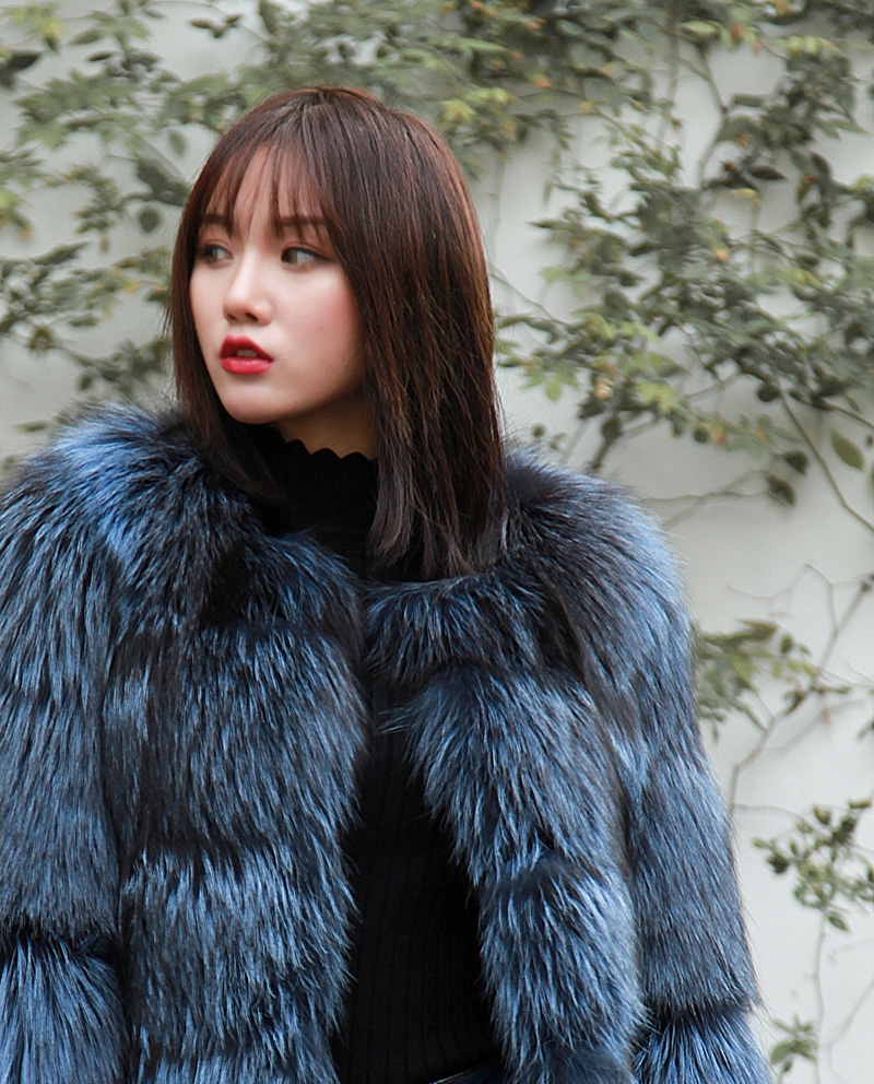 Cropped Silver Fox Fur Jacket in Blue 0005-12