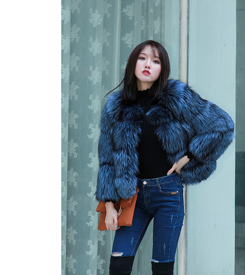 Cropped Silver Fox Fur Jacket in Blue 0005-16