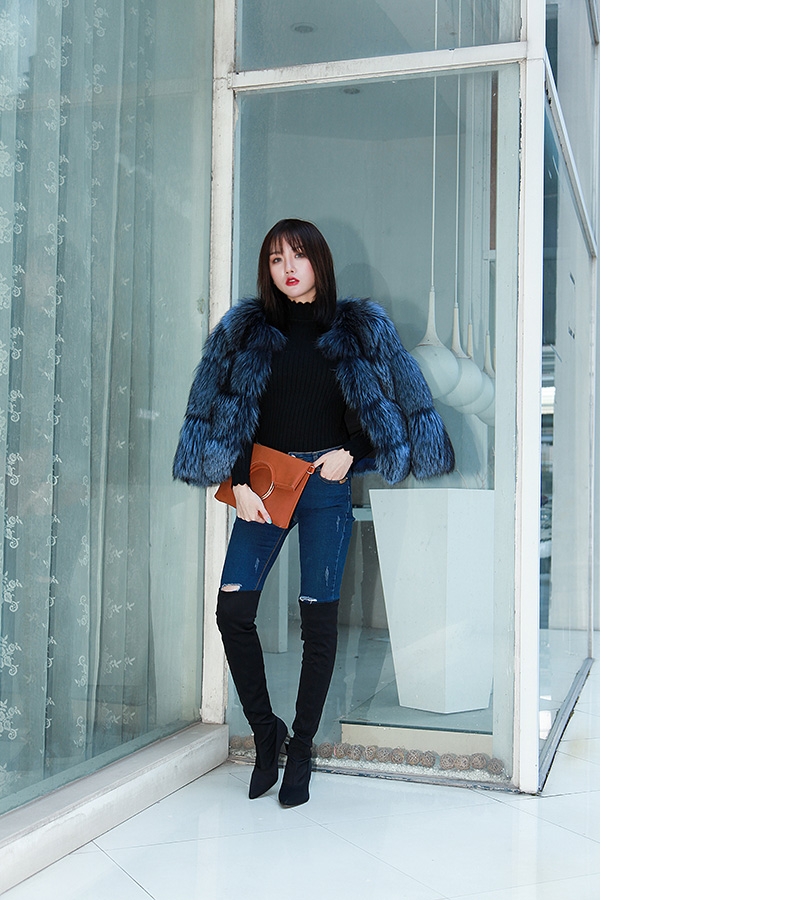 Cropped Silver Fox Fur Jacket in Blue 0005-19