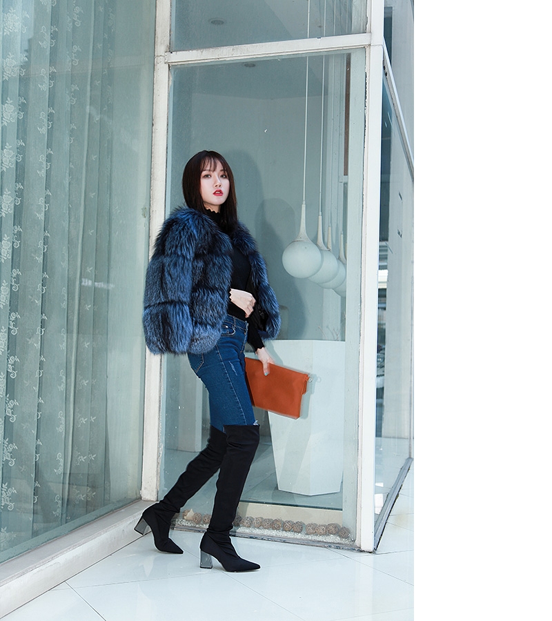 Cropped Silver Fox Fur Jacket in Blue 0005-18