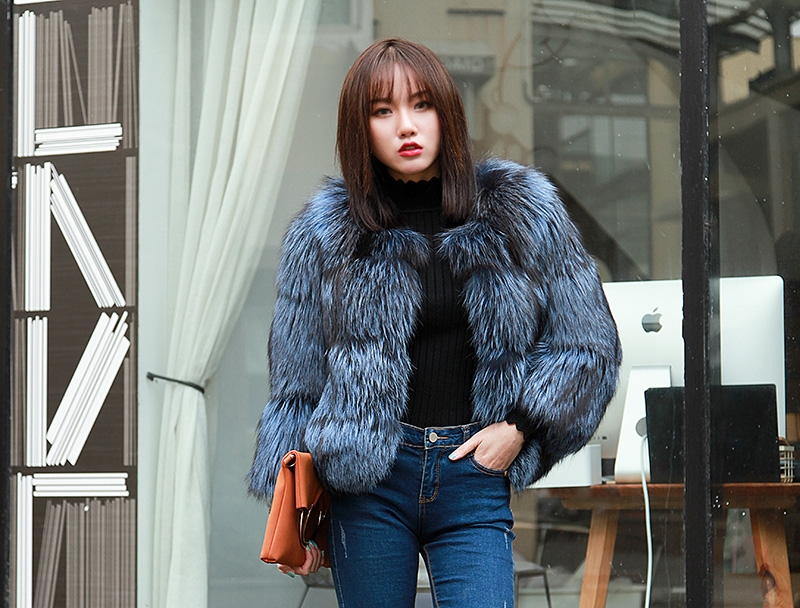 Cropped Silver Fox Fur Jacket in Blue 0005-9