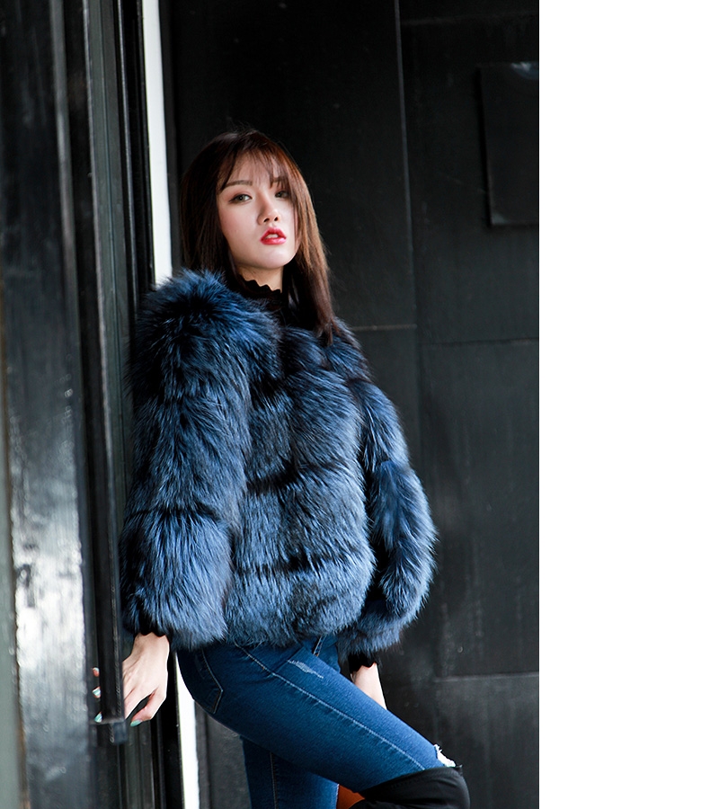 Cropped Silver Fox Fur Jacket in Blue 0005-15
