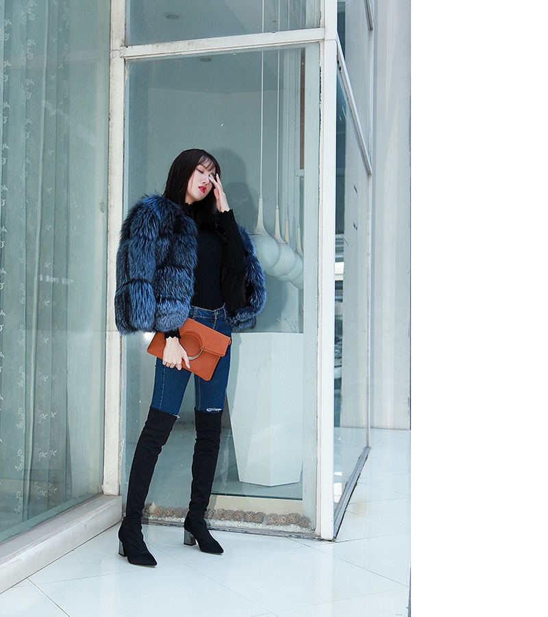 Cropped Silver Fox Fur Jacket in Blue 0005-17