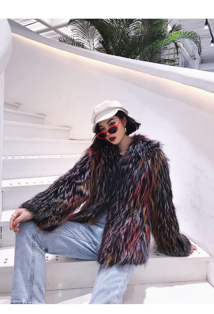 Hooded Fox Fur Jacket in Fantasy Color 0034-6
