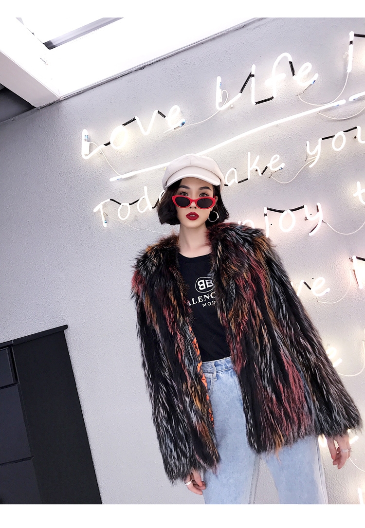 Hooded Fox Fur Jacket in Fantasy Color 0034-1