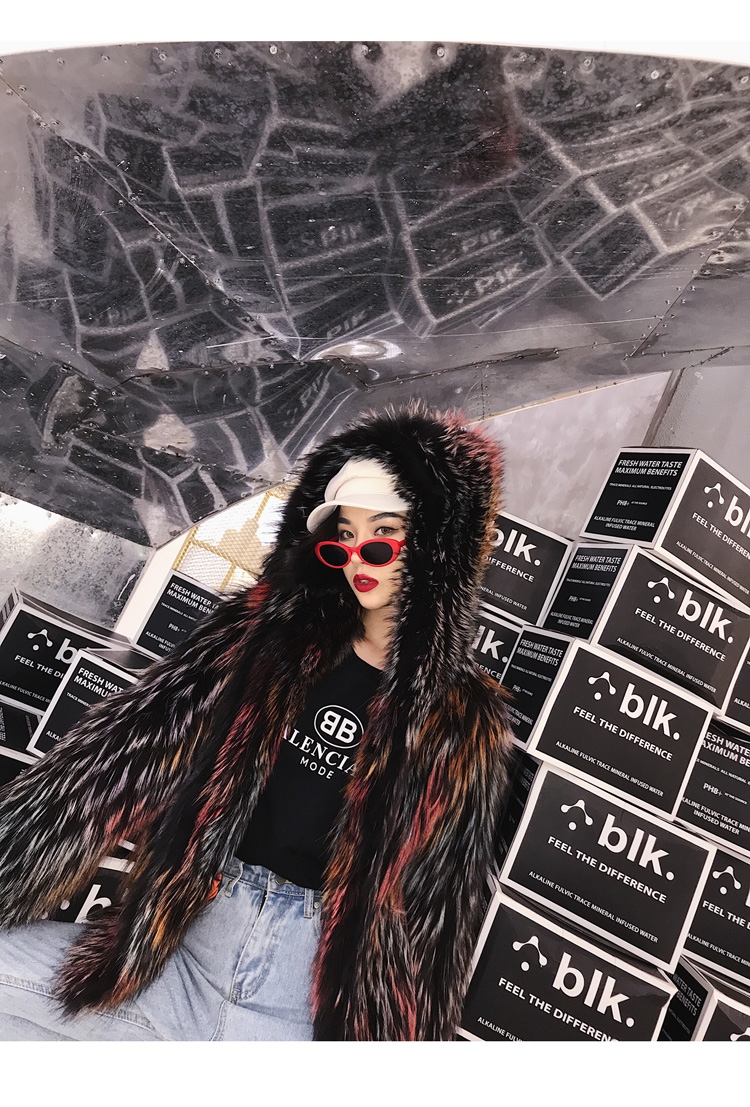 Hooded Fox Fur Jacket in Fantasy Color 0034-5