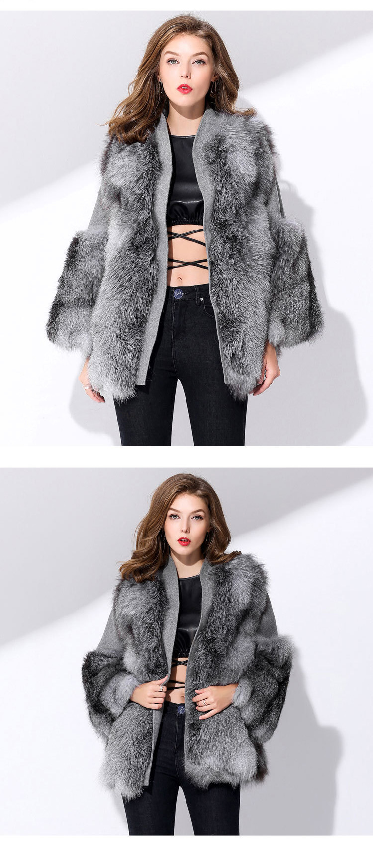 Fox Fur Coat with Double-Sided Wool Trim 991c Details 2