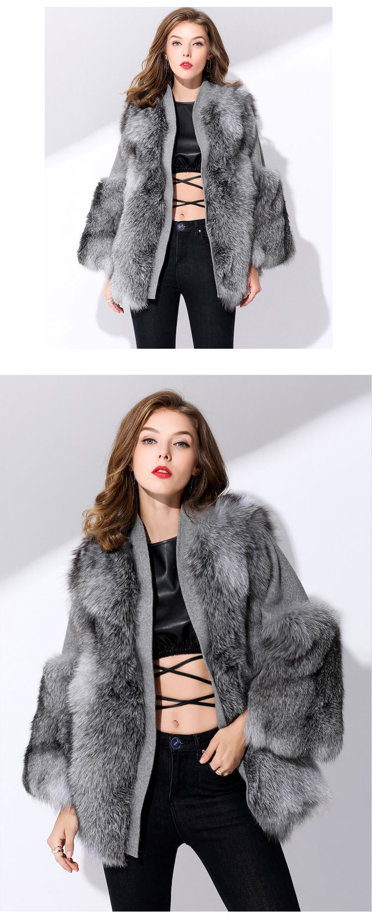 Fox Fur Coat with Double-Sided Wool Trim 991c Details 4