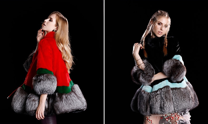 A-shaped Mink Fur Cape Style Jacket with Silver Fox Fur Trim 300-1