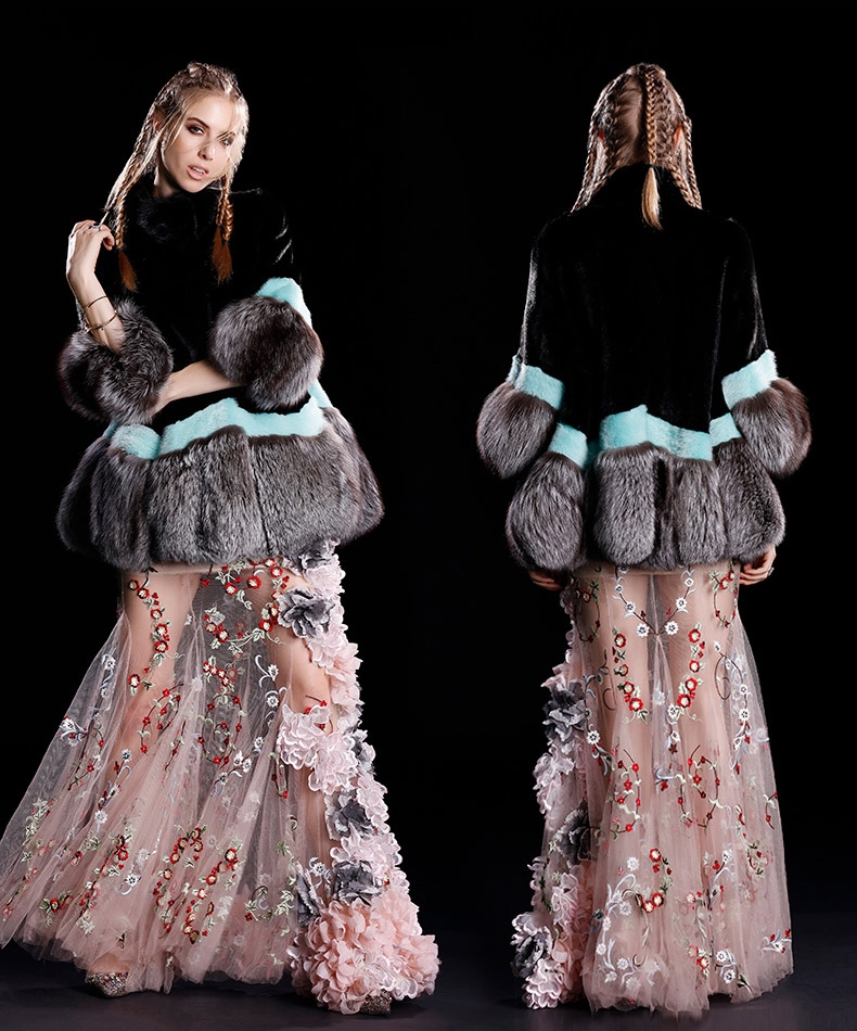 A-shaped Mink Fur Cape Style Jacket with Silver Fox Fur Trim 300-3