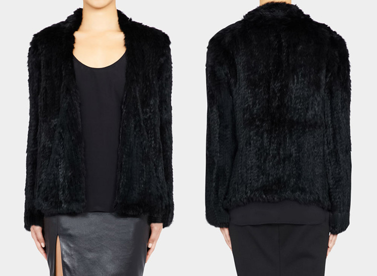 Collarless Knitted Rabbit Fur Coat 717 Black Detail