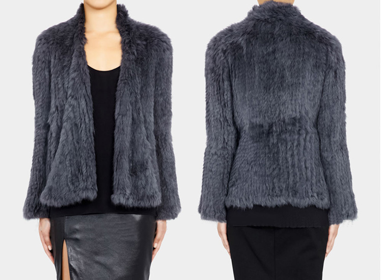 Collarless Knitted Rabbit Fur Coat 717 Gray Detail