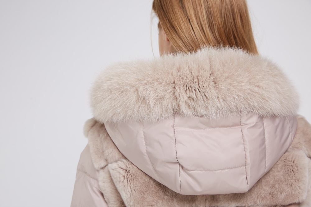 Fox Fur Trimmed Hood Rex Rabbit Fur Jacket with Detachable Down-filled Sleeves 218 Details 2