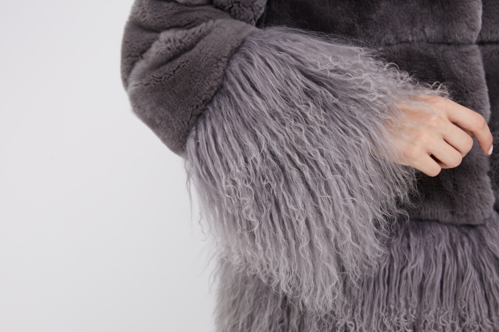 Rex Rabbit Fur Jacket with Tibet Sheep Fur Trim 222 Details 3