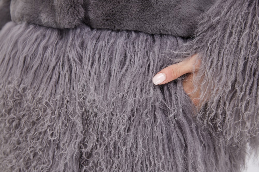 Rex Rabbit Fur Jacket with Tibet Sheep Fur Trim 222 Details 4
