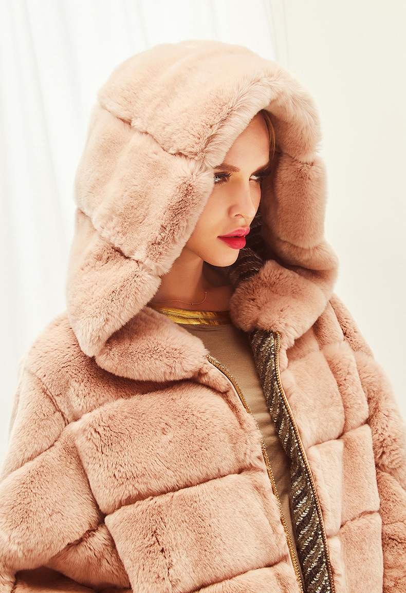 Hooded Rex Rabbit Fur Jacket Reversible Style 293-5