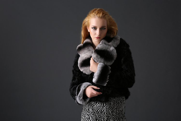 Sheep Fur Cropped Jacket with Rex Rabbit Fur Trim 782 Details 1