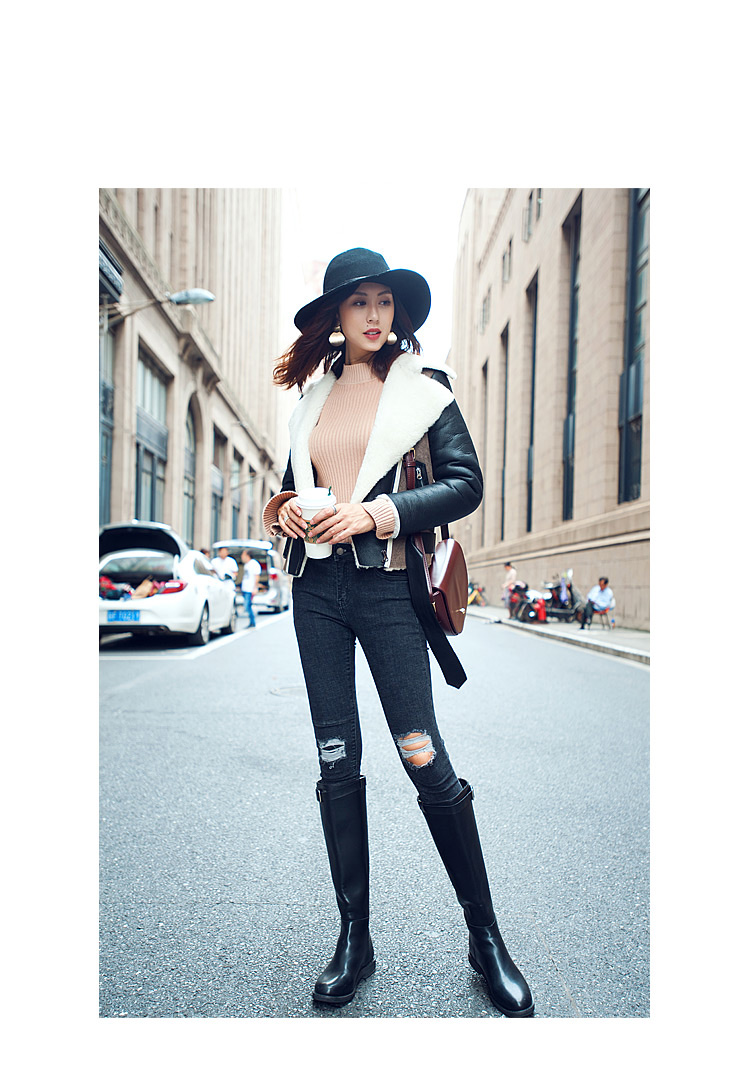 Two-tone Shearling Sheepskin Biker Jacket 082 Details 6