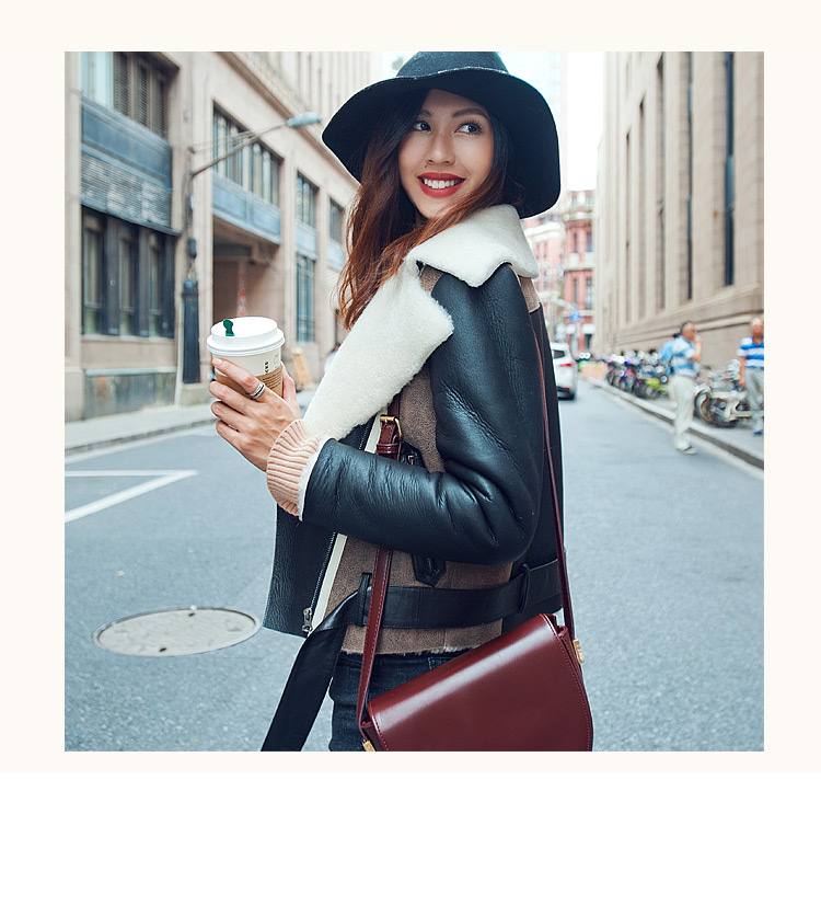 Two-tone Shearling Sheepskin Biker Jacket 082 Details 1