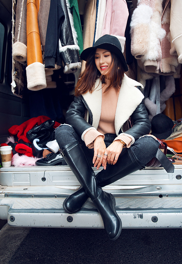 Two-tone Shearling Sheepskin Biker Jacket 082 Details 3