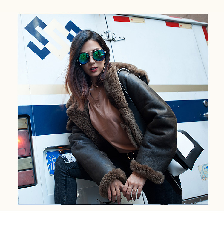 Merino Shearling Sheepskin Bomber Biker Jacket with Hood 090 Details 1