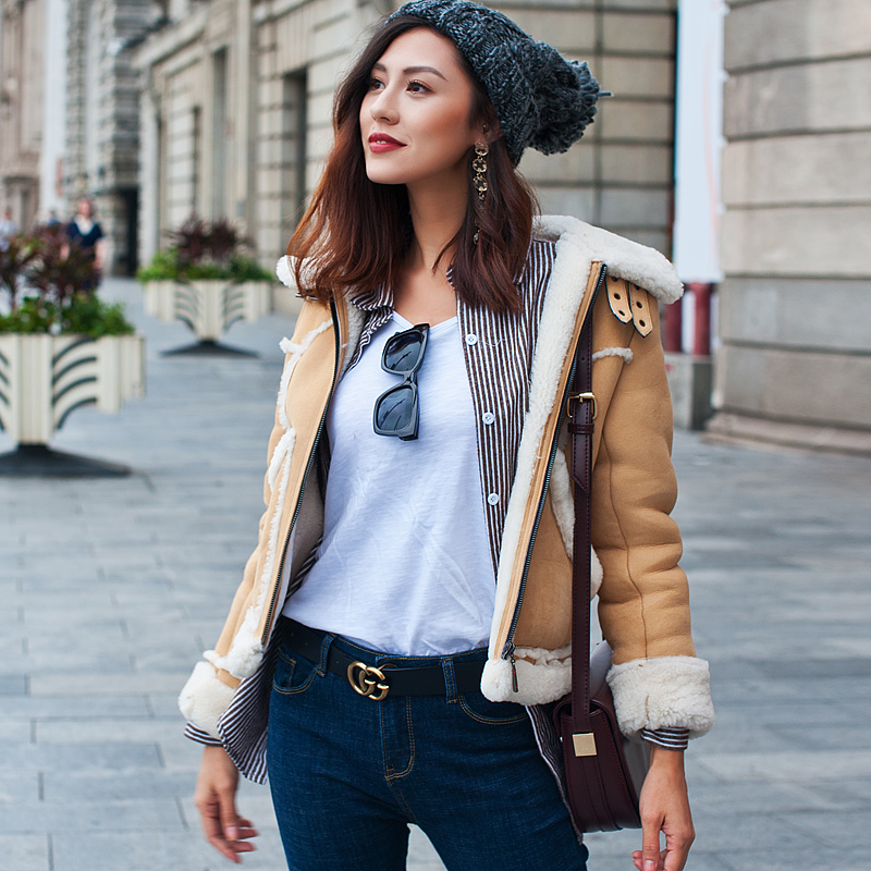 Merino Shearling Sheepskin Cropped Biker Jacket 102 Details 9