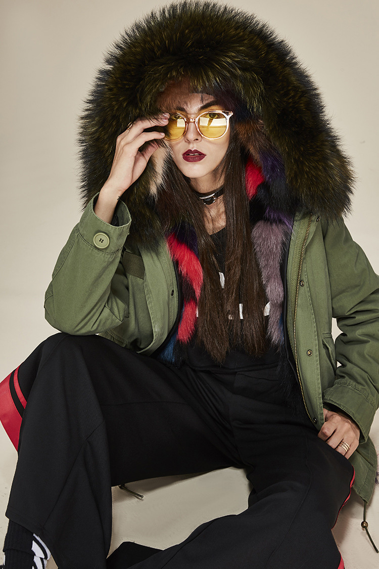 Raccoon Fur Trimmed Hooded Parka with Detachable Fox Fur Liner 116d Details 4